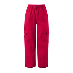 Women's red high street cargo pants with loose wide leg cut and elastic drawstring waist