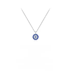 Macro detail of S925 sterling silver evil eye pendant with blue and white zircons