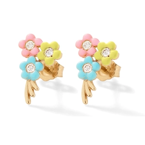 Detail view of colorful enamel flower earrings with gold plating and zircon accents