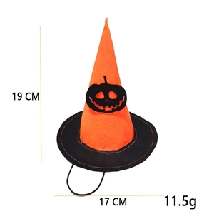 Halloween wizard hat for pets in orange and black with pumpkin face and size dimensions