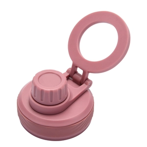 Detailed view of pink insulated bottle lid with magnetic handle and screw thread