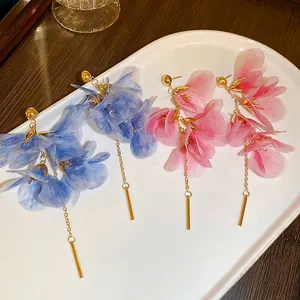 Floral chiffon petal tassel earrings with gold metal core in pink and blue colors