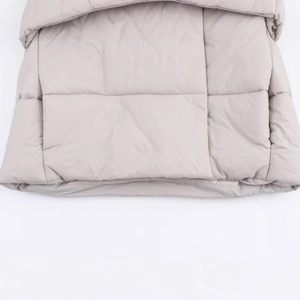 Padded beige hooded winter jacket with horizontal quilting and durable waterproof fabric