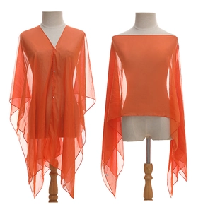 Detailed views of orange silk-like chiffon shawl worn in open and bandeau styles