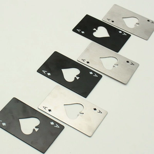 Row of black and silver stainless steel Ace of Spades bottle openers on white background