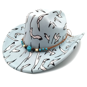 Western Cowboy Hut Breitkrempig Polyester Vogel Druck Geflochtenes Band Mit Perlen Retro Boho Stil