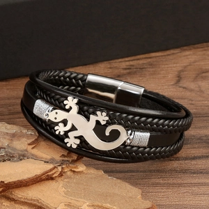 Black braided lizard leather bracelet with silver gecko charm and magnetic clasp
