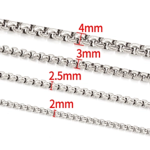 Polished silver stainless steel box chain necklaces in 2mm, 2.5mm, 3mm, and 4mm widths