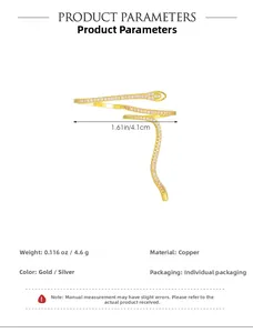 Detail view of gold-plated snake ear cuff with white zircon stones and size dimensions
