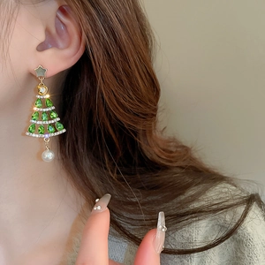Vintage Christmas tree earrings with green crystals, star studs and pearl pendants