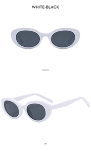 Front and side view of oval white sunglasses with black lenses on white background