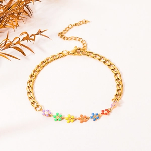 Gold-plated stainless steel bracelet with colorful enamel flowers and adjustable chain