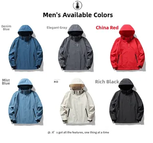 Detailed grid of hooded waterproof jackets showing blue, gray, red, and black color options
