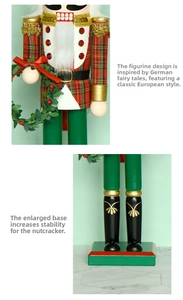 Detail of 38cm Nutcracker soldier with plaid coat holding a wreath on stable green base