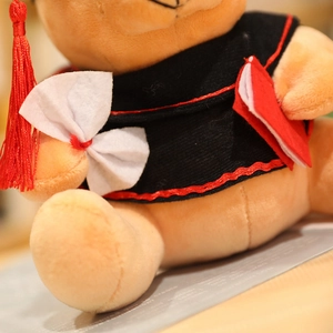 Macro detail of plush graduation bear featuring black gown with red embroidery and tassels