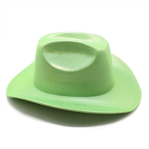 Detail of light green western cowboy hat with sparkling glitter finish and classic crown