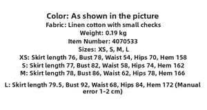 Detailed size chart for the mini dress featuring a plaid pattern and backless bow design