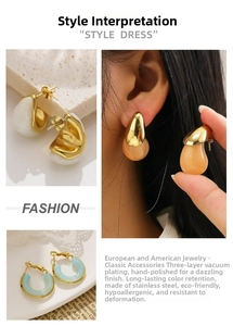 Detail of 18k gold plated stainless steel earrings with colorful resin water drop pendants