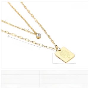 Double-layered gold stainless steel necklace with square pendant and size measurements