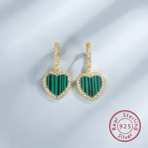 Heart Dangle Earrings With 925 Sterling Silver Earring Post Malachite Red Agate Zircon Inlaid Gold Plated Elegant Women