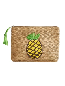 Handwoven straw clutch bag with pineapple embroidery and decorative green tassel