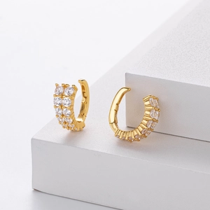 Elegant gold-plated S925 silver hoop earrings with double-row micro-paved cubic zirconia