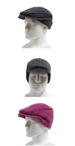 Close-up of knit patterns and ear protection design on men winter beret hats