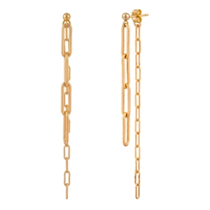 Macro detail of long gold paperclip chain earrings with sparkling triangle zircon charms