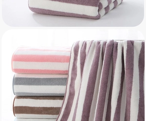 Detailed macro texture of thick absorbent coral fleece towels in multicolored stripes