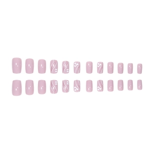 Short square pink press-on nails with glitter wave lines and white heart patterns