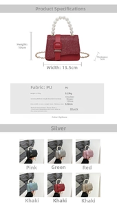 Size chart showing 13.5x10x5cm dimensions for the shiny mini pearl chain square bag