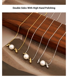 Macro shot of gold and silver pearl necklaces with double-sided hand polishing details