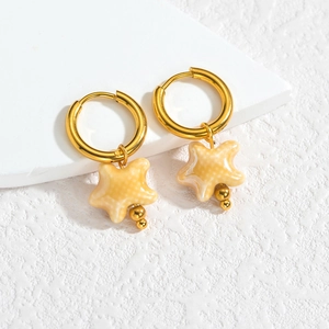18K gold plated starfish hoop earrings with textured cream pendants for women