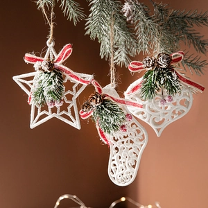 Christmas Hanging Ornaments Glitter Plastic Reindeer Star Shapes With Pine Cones Pine Needles Ribbon Bow Festive Tree Decor