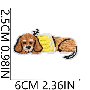 Detailed view of dachshund dog embroidery patch with size measurements in CM and IN