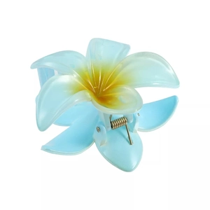 Blue gradient acrylic frangipani hair claw clip with floral design and metal spring