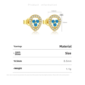 Detail view of 925 silver teardrop earrings with blue gems and size 8.5mm x 6.5mm
