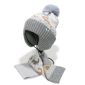 Détail d'un ensemble bonnet et écharpe tricotés pour enfants avec motif dinosaure