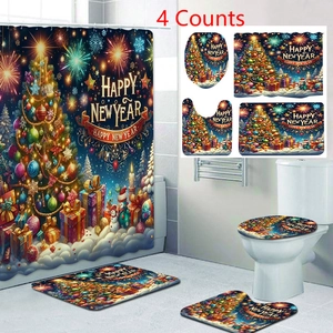 Detail of 4-piece bathroom set with Happy New Year Christmas tree and fireworks pattern