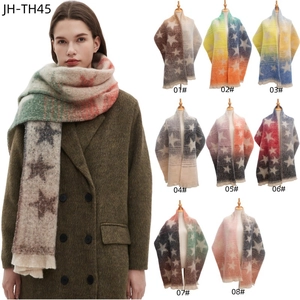 Star pattern knitted scarf with gradient colors and fringe edges in 8 color options