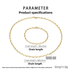 Detailed specs of the gold stainless steel necklace and bracelet set with lobster clasp