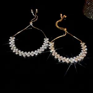 Rhinestone Geometric Drawstring Bracelet Alloy Micro Pave Double Row Adjustable Bolo Jewelry Fashion Gift For Women