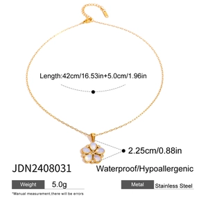 Gold stainless steel necklace with white natural stone flower pendant and dimensions