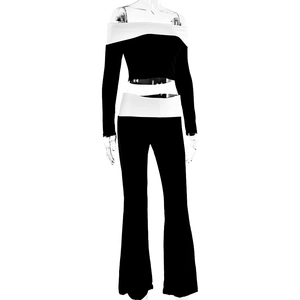 Detail view of black off-shoulder long sleeve top and flared trousers with white stripes