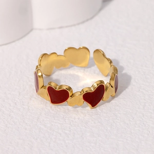 Minimalist gold plated stainless steel open ring with red enamel hearts design