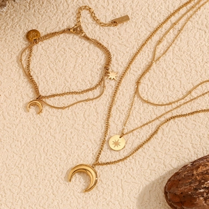 Retro 18K gold plated stainless steel necklace and bracelet set with moon and star pendants