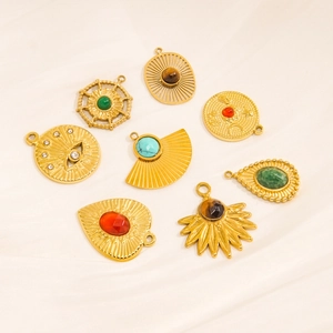French vintage gold plated stainless steel sun pendants with natural stones assortment