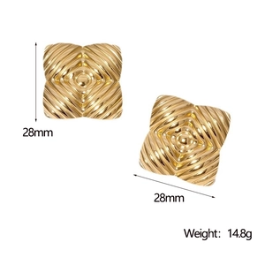 Vue détaillée des boucles d'oreilles carrées de 28mm en plaqué or 18k avec détails de poids