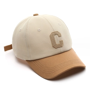 Minimalist beige and khaki patchwork baseball cap with letter C embroidery