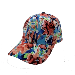 Detail of multi-color floral print baseball cap with 6-panel structure and curved brim